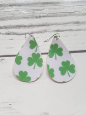 St Patricks Day faux Leather Teardrop Earrings white green shamrocks clover