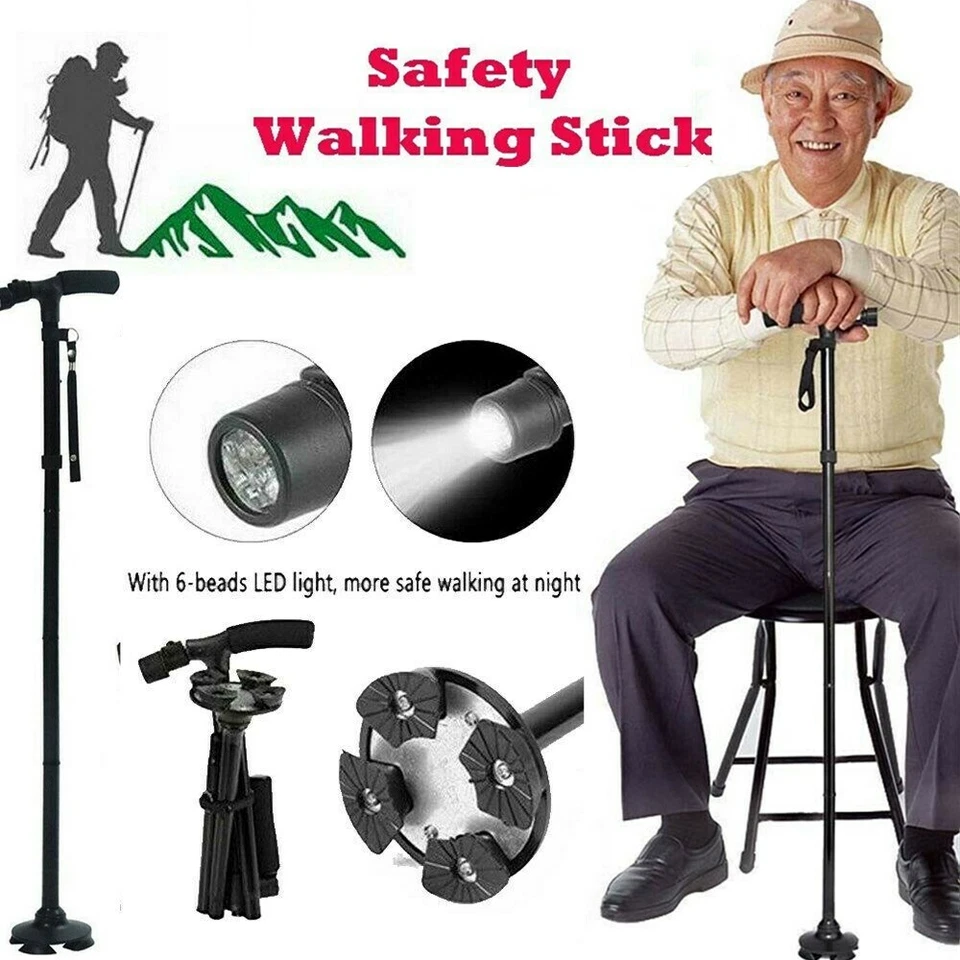 LED Adjustable Walking Cane Stick All Terrain Pivoting Base Travel Cane Folding - Image 3 of 4