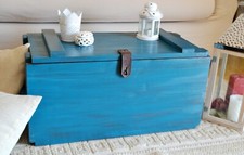 Cassapanca in legno massello Baule Vintage Cassa Militare Azzurro Shabby Chic