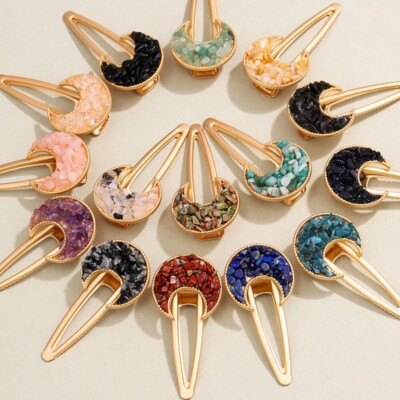 Natural Quartz Crystal Hair Clip Gemstone Metal Headdress Jewelry