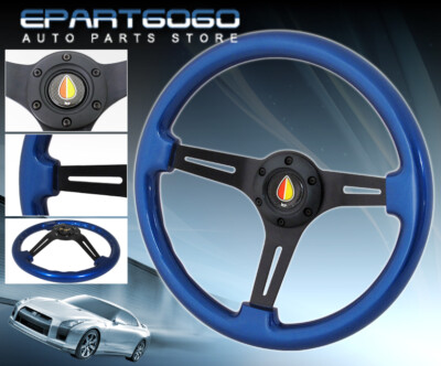 345mm Blue Wood Black 3 Spokes Steering Wheel Jdm Fukushi Mark Button Horn Logo