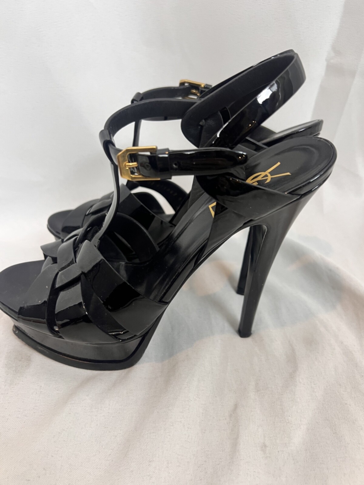 Sandali YSL Yves Saint Laurent 7 5 omaggio nero vernice plateau tacco alto 37 5