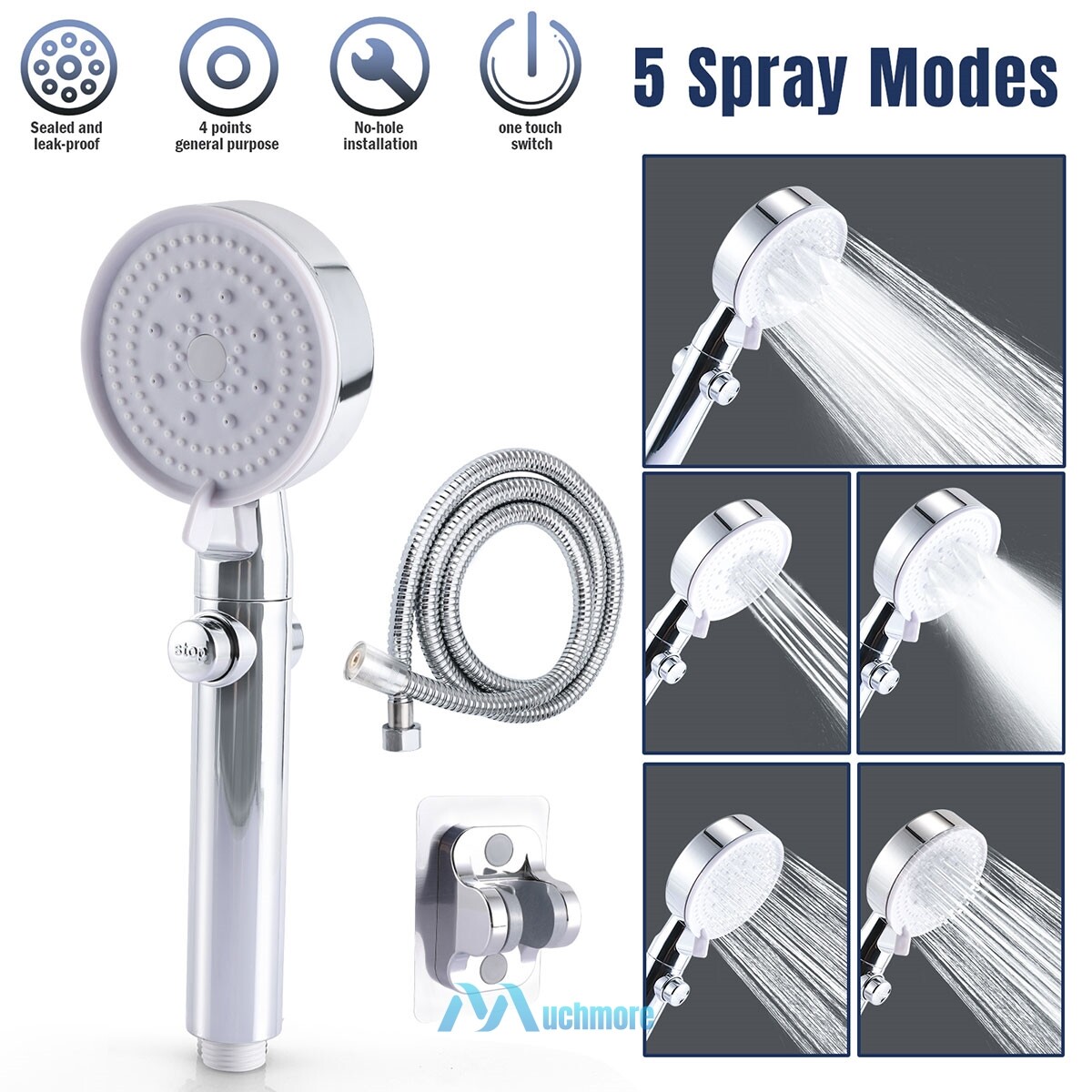 High Pressure Handheld Shower Head 5 Settings Spray w/ Pause Switch+Hose+Bracket