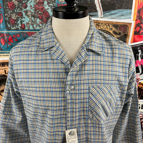 Vtg 70s Blue Yellow Plaid Sears Pajama Lounge Shirt Mens Medum Deadstock Retro - Picture 2 of 9