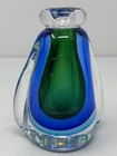 Vtg Murano Art Glass Blue Green Encased In Clear Glass Bud Vase