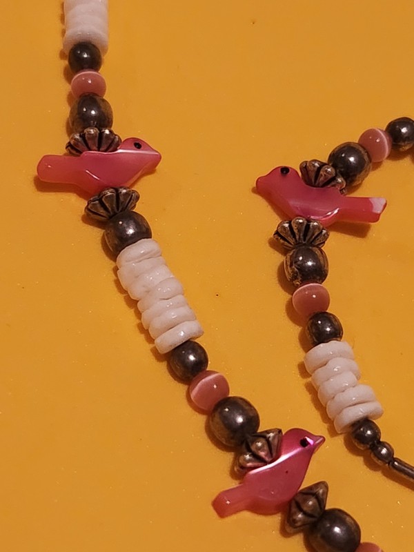 Vintage Sterling Heishi Pink Bird Fetish Set Necklace And Bracelet