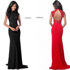 Sherri Hill Black Beaded Bodice Mock Neck Cut-Out Back Jersey Knit Maxi Dress 14