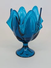 Vintage Viking Art  Bluenique 6 Petal Footed Swung Glass Handkerchief Vase 7"