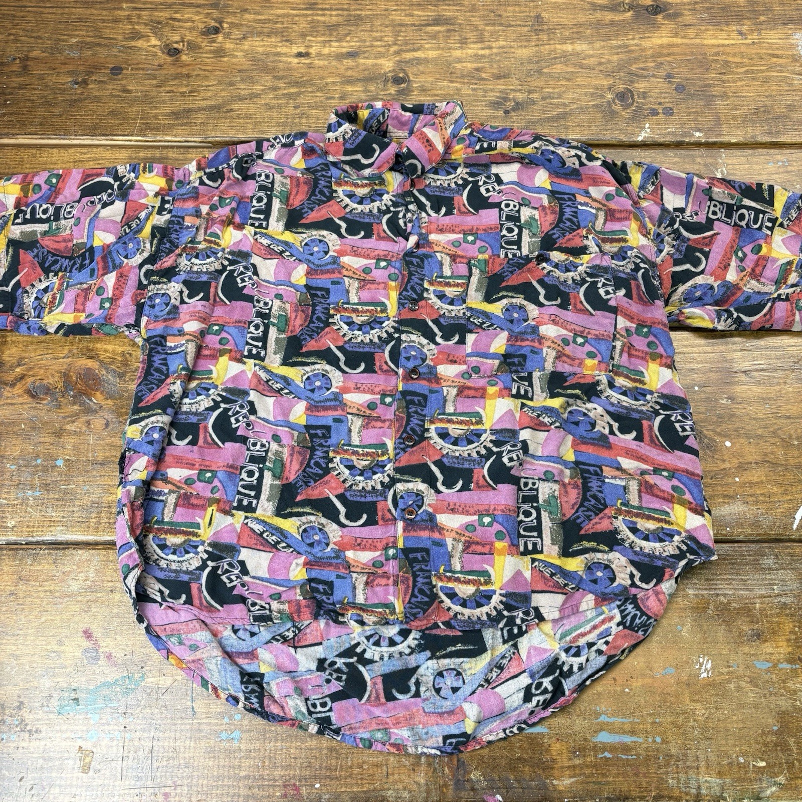 Vintage Protest Patterned Art Button Up Hawaiian … - image 1