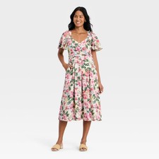 Women Flutter Sleeve Belted Midi Dress - A