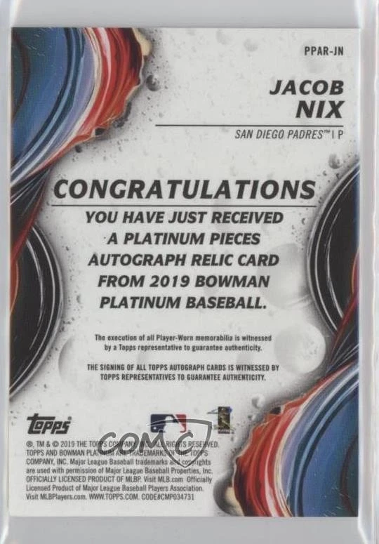2019 Bowman Platinum Orange Foil /25 Jacob Nix #PPAR-JN Rookie Auto RC - Image 2 of 2
