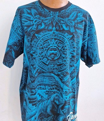 Aztec Mexico Shirt Mens XL Blue Maya Calendar AOP Chichen Itza Tribal Cancun