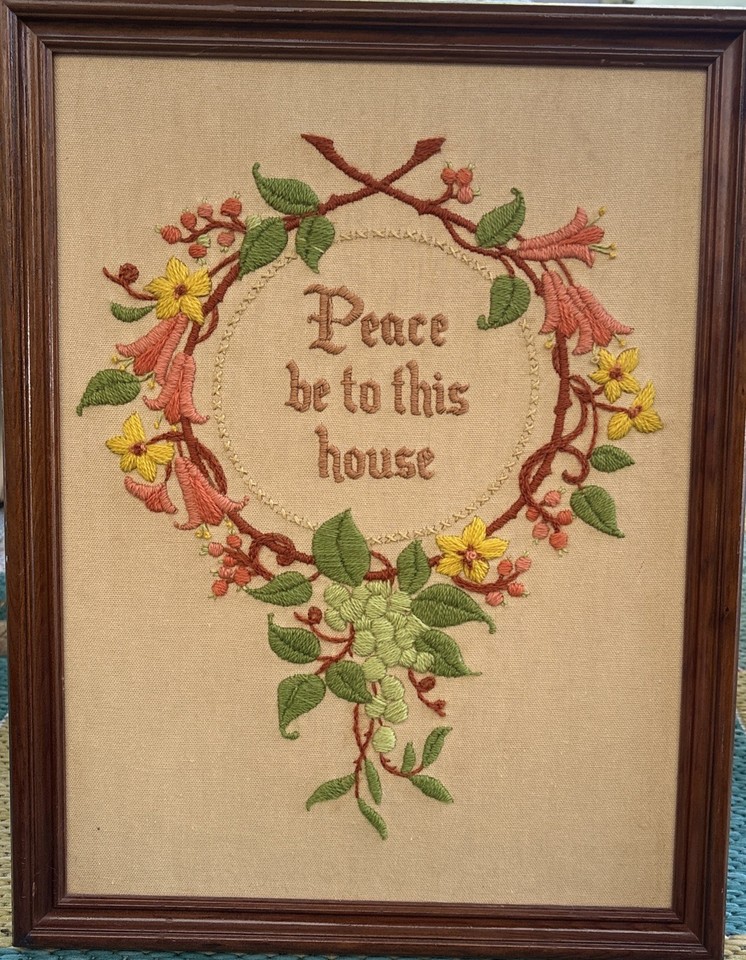 Vintage Floral  Crewel Yarn Embroidery Framed 70s Hippie Boho Wall Art Handmade