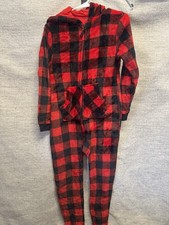 Children  s Unisex Red Plaid Open Foot Hooded Pajamas Size 14/16