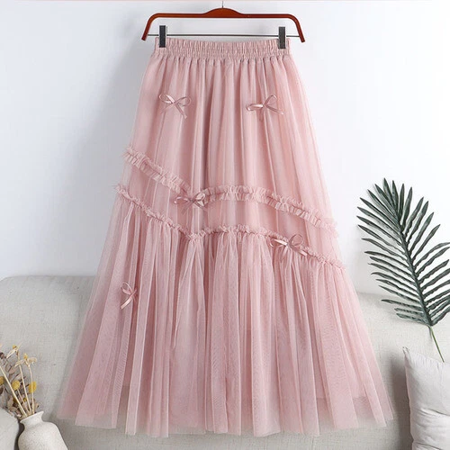 Damen Netz Tüll Rock Lagenlook Hoch Gummibund A-Linie Plissee Swing Midi Chic - Bild 13 von 23