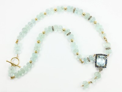288cts Cushion Shaped Aquamarine And Sapphire Lariat Tassel Necklace Hand Carved