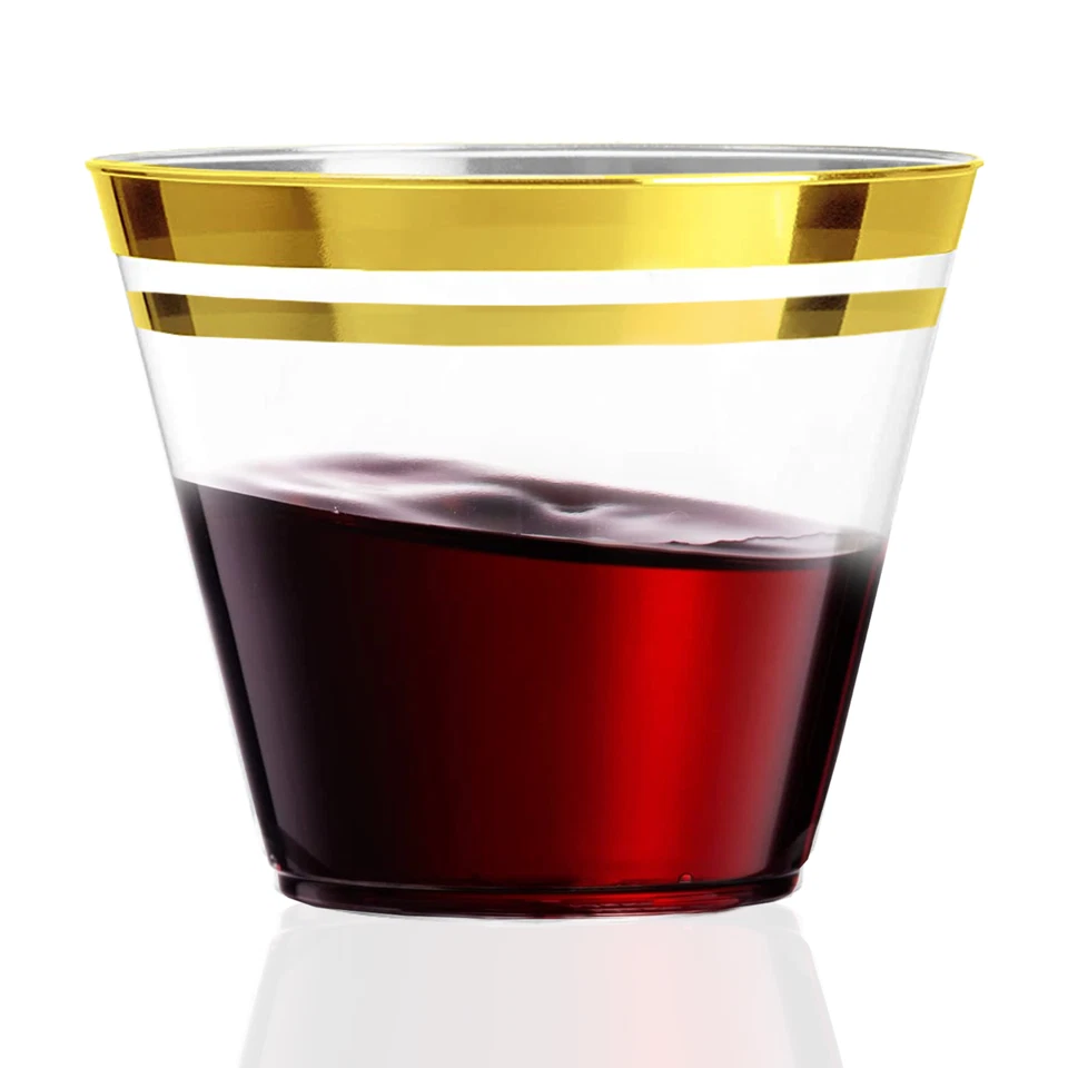 100 Double-Rimmed Gold Plastic Cups 9 Oz Clear Plastic Cups - Image 3 of 4
