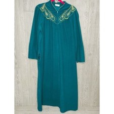 Vintage cachet green nightgown house dress with gold embroidered detail large