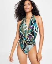 Vince Camuto Size 8 One Piece Halter Plunge-Neck Swimsuit Coconut New