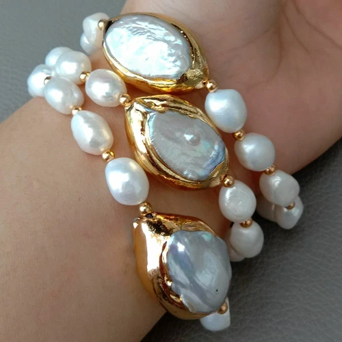 8'' 3 Rows Cultured White Baroque Pearl White Keshi Pearl Bracelet
