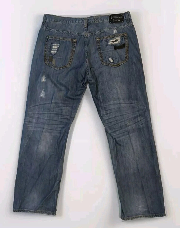 Pantalones de mezclilla desgastados rasgados destruidos remendados remaches antiguos 38x32 rectos  Foto 2 de 4