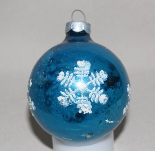 Vtg 1950s Shiny Brite Blue Glass Ball Ornament White Stenciled Snowflake 2 ½” - Picture 4 of 6