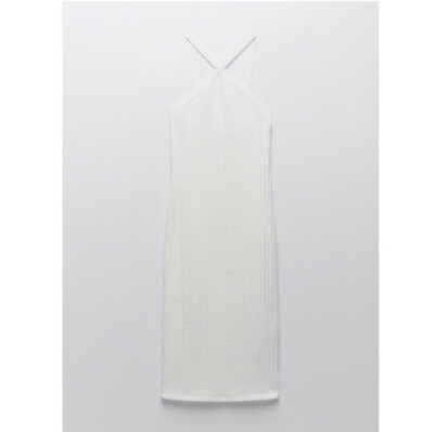 Zara White Cable Knit Cross Neck Halter Dress Small