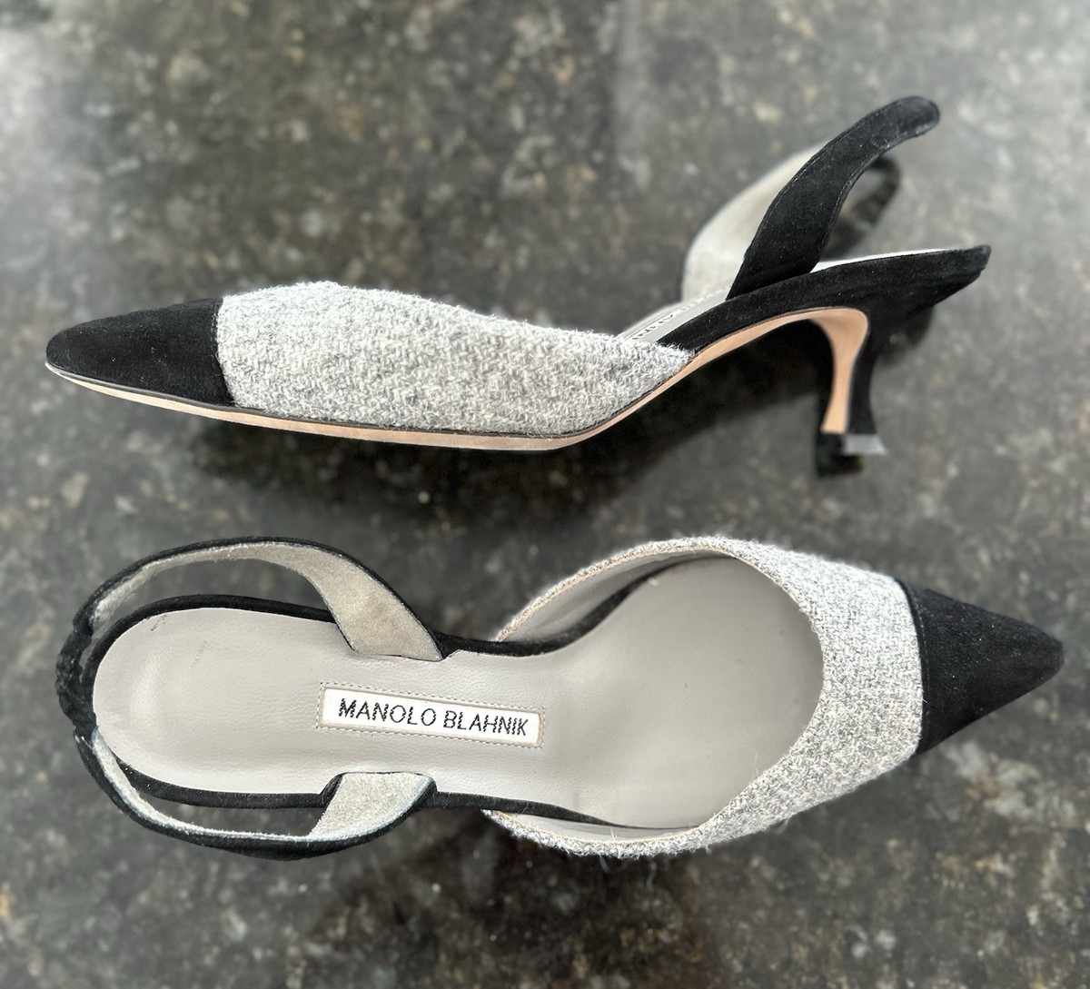 37.5 Manolo Blahnik CAROLYNE Tweed Wool Gray Black Slingback  display picture 1