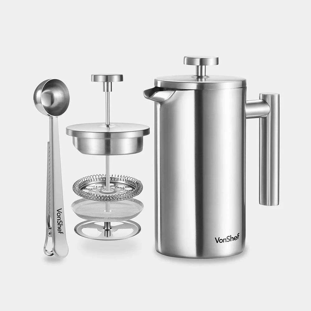 Vonshef 6 Cup Stainless Steel Cafetiere with Coffee Spoon – 800ml