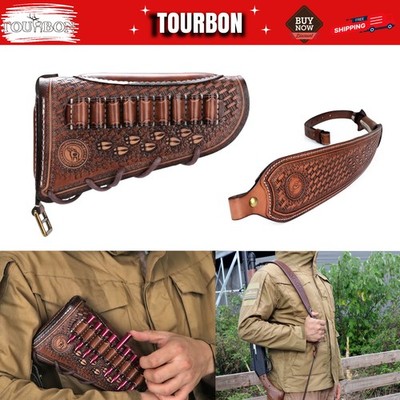 Tourbon Vintage Leather Gun Sling +Rifle Buttstock Cover Recoil Pad Ammo Holder