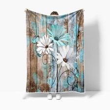 Farmhouse Flower Floral Throw Blanket, Rustic Teal Turquoise Daisy Fleece Coz...