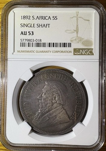 1892 South Africa 5 Shillings Single Shaft Graded NGC AU53 Silver Coin