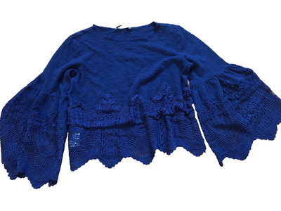 Mango Casual Crochet Crop Top Blue Women Size XS Long Sleeve Stretch Preppy