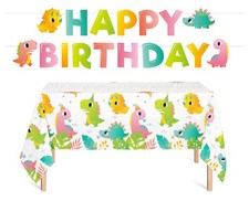 4 pc Girls Dinosaur Table Cover  Happy Birthday Letter Banner Value Party Pa...