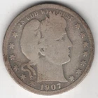 1907 P BARBER QUARTER DOLLAR 90% SILVER PHILADELPHIA 25¢ UNITED STATES AMERICA