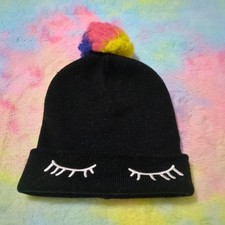 Eyelashes Winter Beanie Hat Youth Girls Knit Black With Rainbow Pom Pom