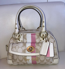 Coach Heritage Striped Small Domed Satchel Beige Pink White C Monogram Y2K