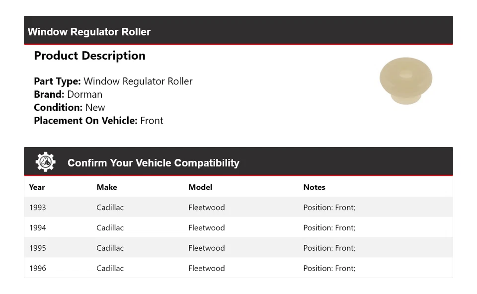 Para Cadillac Fleetwood Dorman 1993-1996 regulador de ventana delantero 1994 1995 Foto 2 de 4