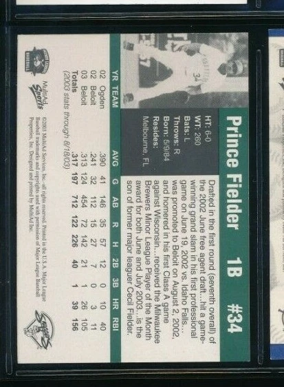 2003 Multi-ad Beloit Snappers #34 Prince Fielder XRC rookie mint gradable - Image 4 of 4