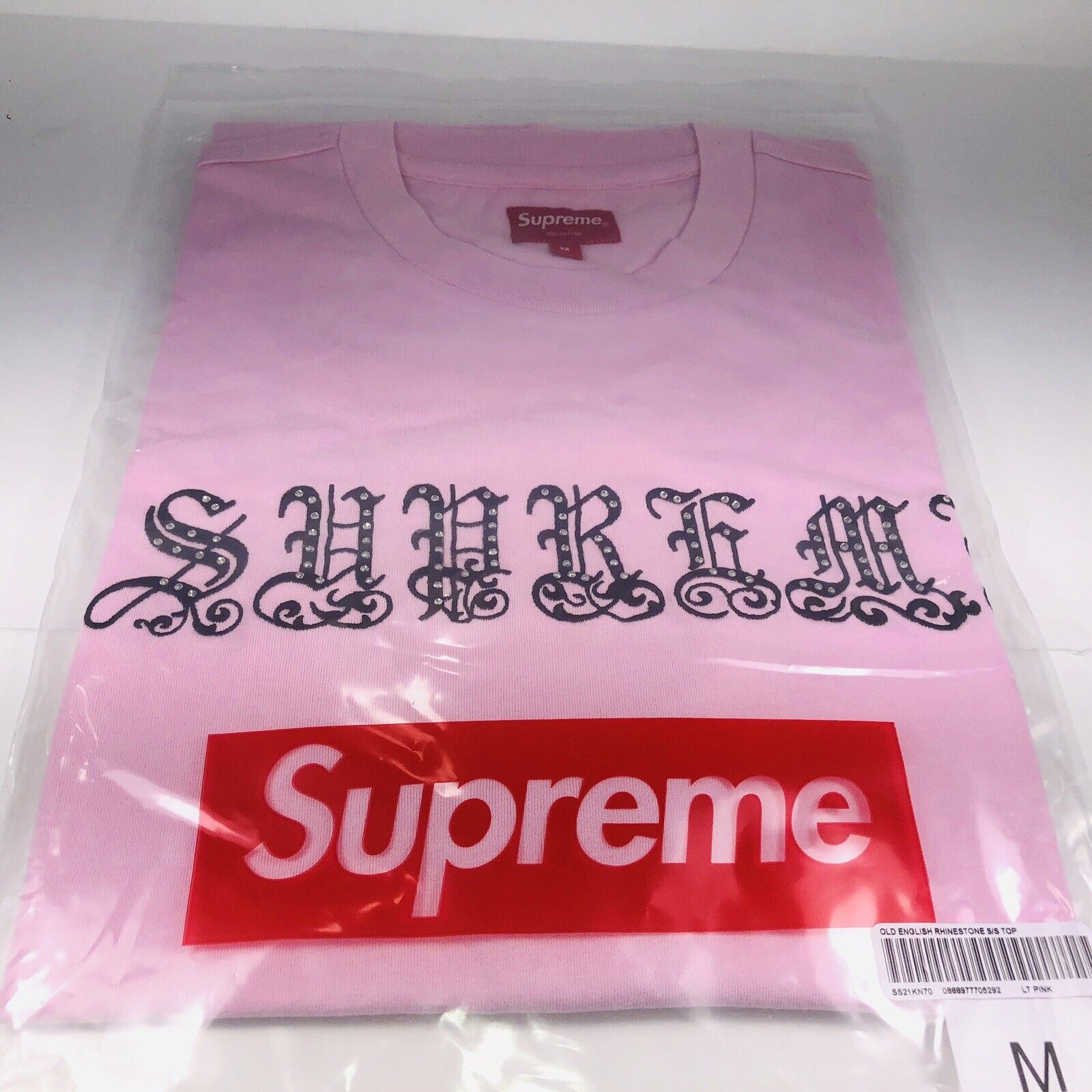 Supreme Old English Logo Rhinestone Short Sleeve Pink Black Top Medium SS21 KN70