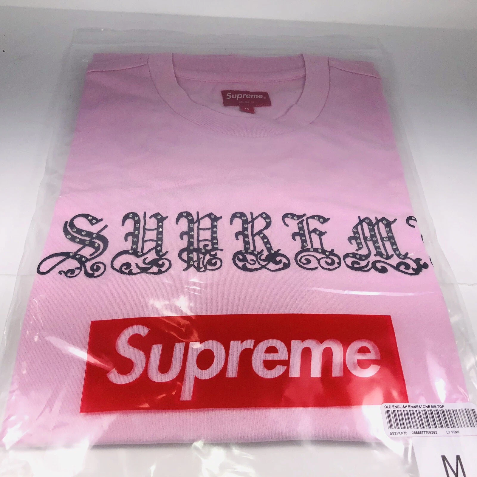 Supreme Old English Logo strass manches courtes rose noir haut moyen SS21 KN70
