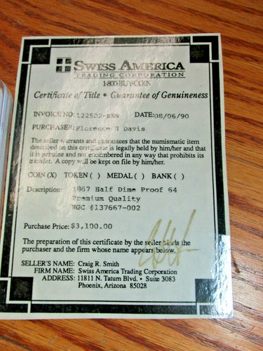 NGC 1867 Proof 64 Half Dime with Sales Receipt Premium Quality Coin MAKE OFFER - Picture 6 of 11