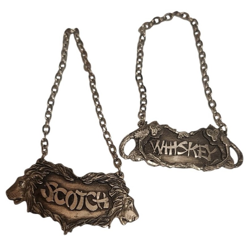 Vtg 1975 Pair Of Metzke Decanter Label Tag Lion Monkey Whiskey Scotch RARE  