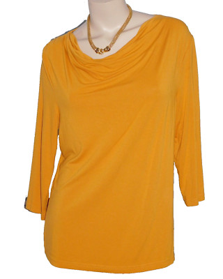 SZ 10 Elegant Draped Neck 3/4 Sleeve Top Comfy Fit L Creation Gold AZNW