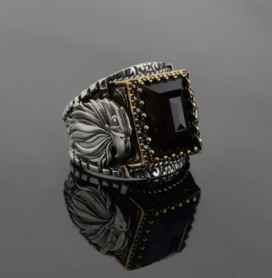 925 Sterling Silver Men's Onyx Ring with Vintage Eagle Design Black Gemstone