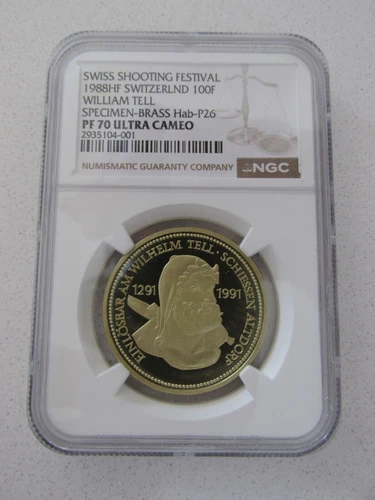 1988HF Swiss Shooting Medal 100F Specimen-Brass NGC PF 70 Ultra Cameo