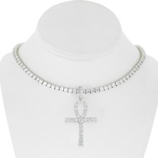 Men's Silver Finish Bling CZ Egyptian Ankh Cross 1 Row 4mm Tennis Chain 18''