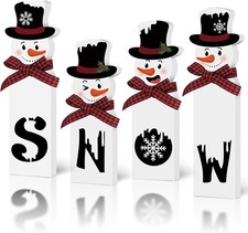 Christmas Snowman Decorations Indoor, Wooden Snowman Block Merry Christmas Sign,