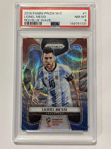 2018 Panini Prizm World Cup - Lionel Messi #1 Red & Blue Wave Prizm PSA 8