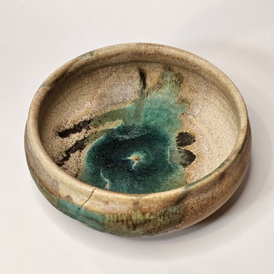 #ad Vintage Studio Art Pottery Crackle Glaze Green amp; Earth Tones Wabi Sabi Art Bowl $44.99